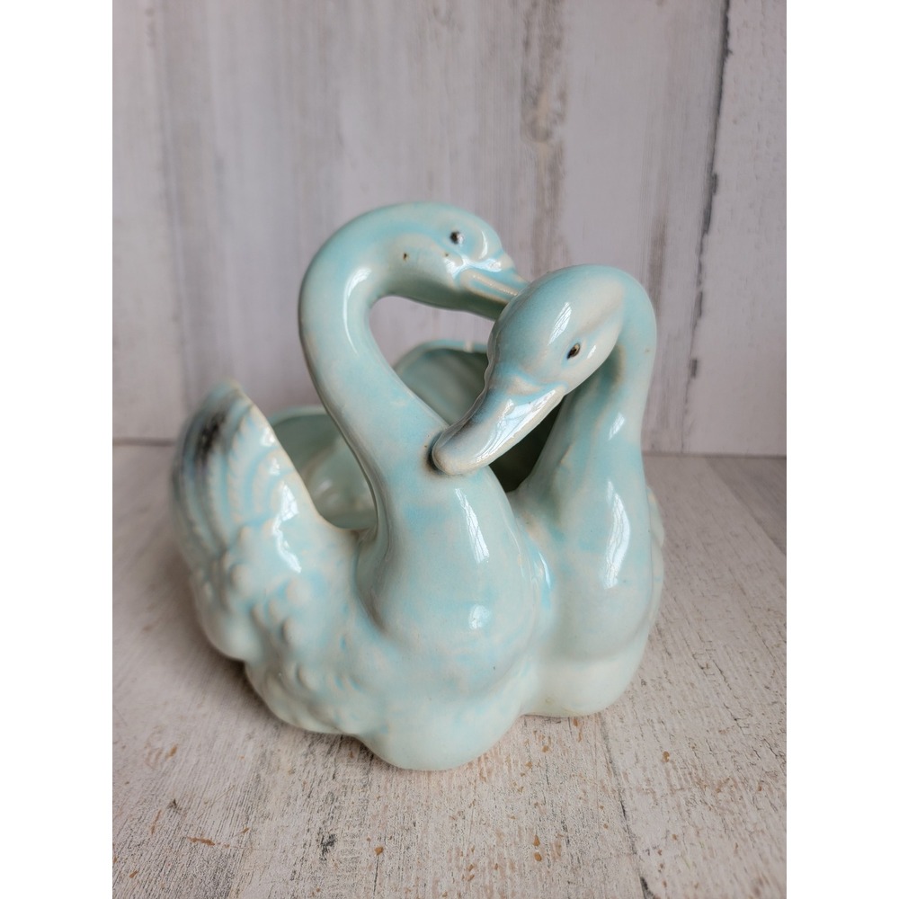 Vintage blue swan pair ceramic bowl art bird unique home decor figure